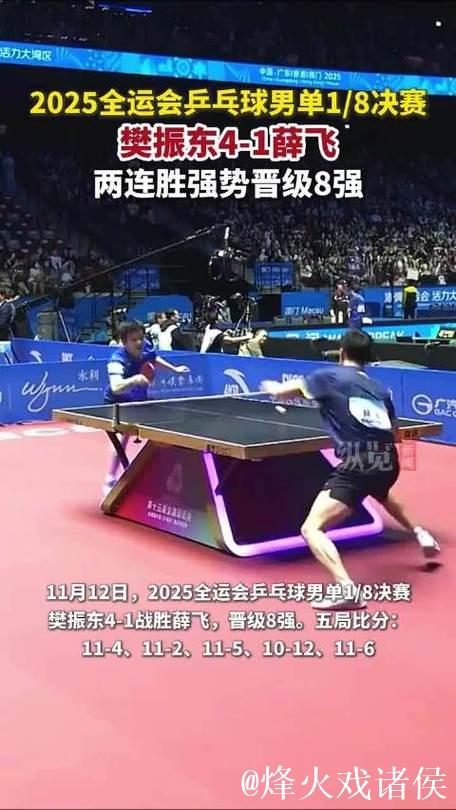 樊振东4-1战胜薛飞 晋级十五运会男单八强